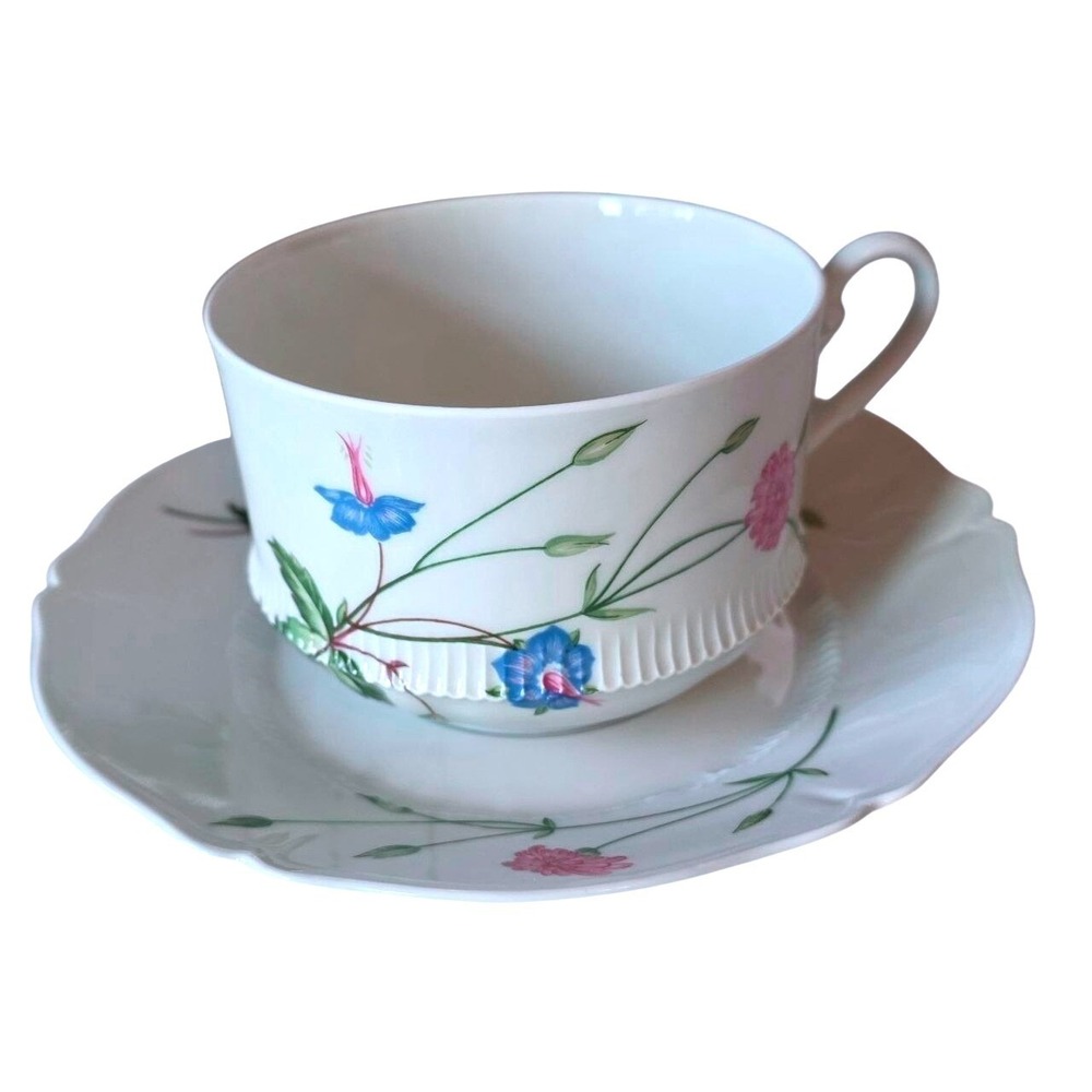 Haviland Limoges France Porcelain Tea Cup and Saucer Set Blue Pink Floral Fluted